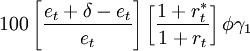 100left[ frac{e_t+delta-e_t}{e_t} right]left[ frac{1+r_t^*}{1+r_t} right]phi gamma_1