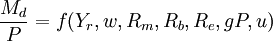 frac{M_d}{P}=f(Y_r,w,R_m,R_b,R_e,gP,u)