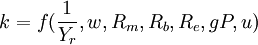 k=f(frac{1}{Y_r},w,R_m,R_b,R_e,gP,u)
