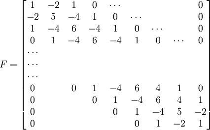 F= begin{bmatrix} 1 & -2 & 1 & 0 & cdots & & & & 0 \ -2 & 5 & -4 & 1 & 0 & cdots & & & 0 \ 1 & -4 & 6 & -4 & 1 & 0 & cdots & & 0 \ 0 & 1 & -4 & 6 & -4 & 1 & 0 & cdots & 0 \ cdots \ cdots \ cdots \ 0 & & 0 & 1 & -4 & 6 & 4 & 1 & 0 \ 0 & & & 0 & 1 & -4 & 6 & 4 & 1 \ 0 & & & & 0 & 1 & -4 & 5 & -2 \ 0 & & & & & 0 & 1 & -2 & 1 end{bmatrix}