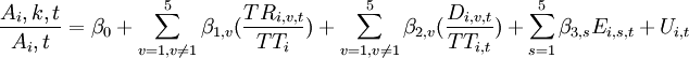 frac{A_i,k,t}{A_i,t}=beta_0+sum_{v=1,vne1}^5beta_{1,v}(frac{TR_{i,v,t}}{TT_i})+sum_{v=1,vne1}^5beta_{2,v}(frac{D_{i,v,t}}{TT_{i,t}})+sum_{s=1}^5beta_{3,s}E_{i,s,t}+U_{i,t}